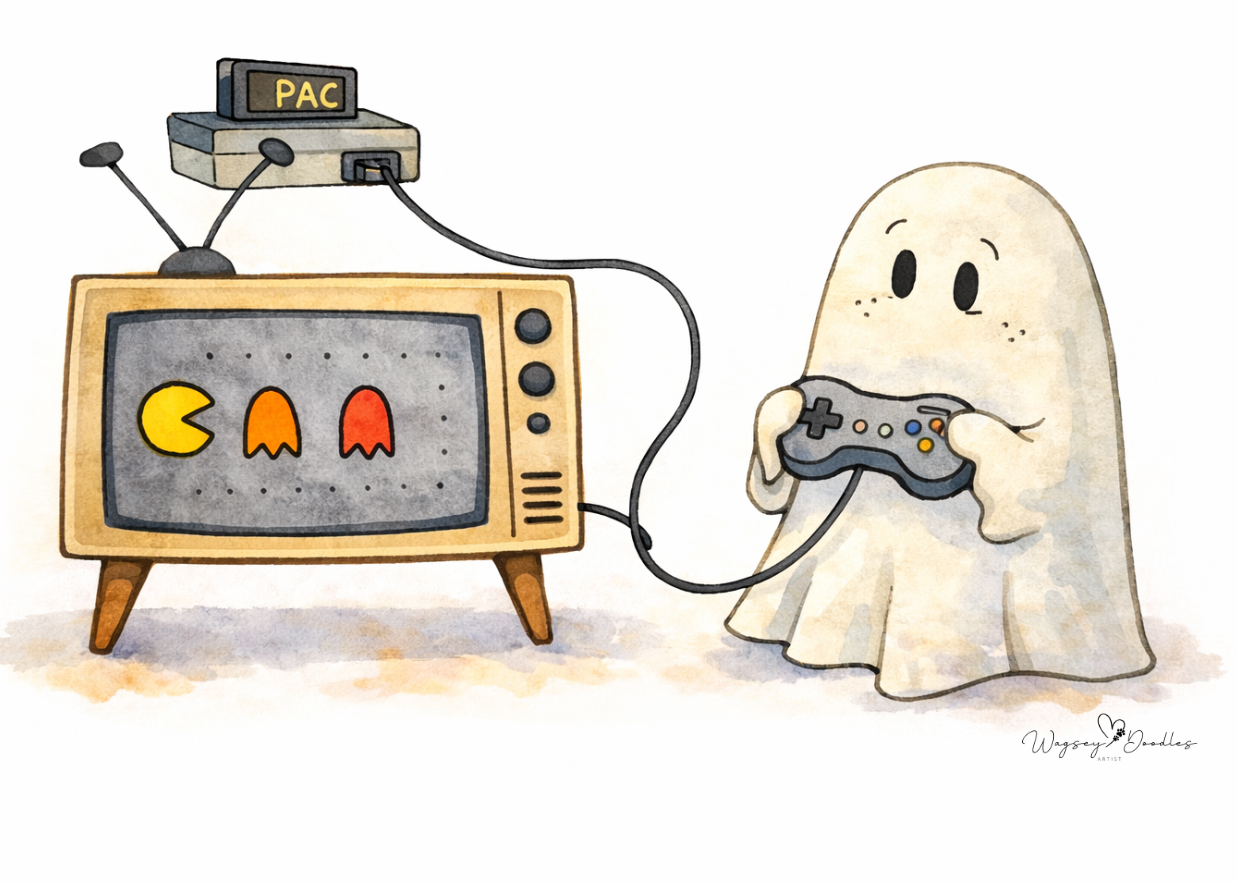 Retro Video Game Playing Ghost Vinyl Sticker